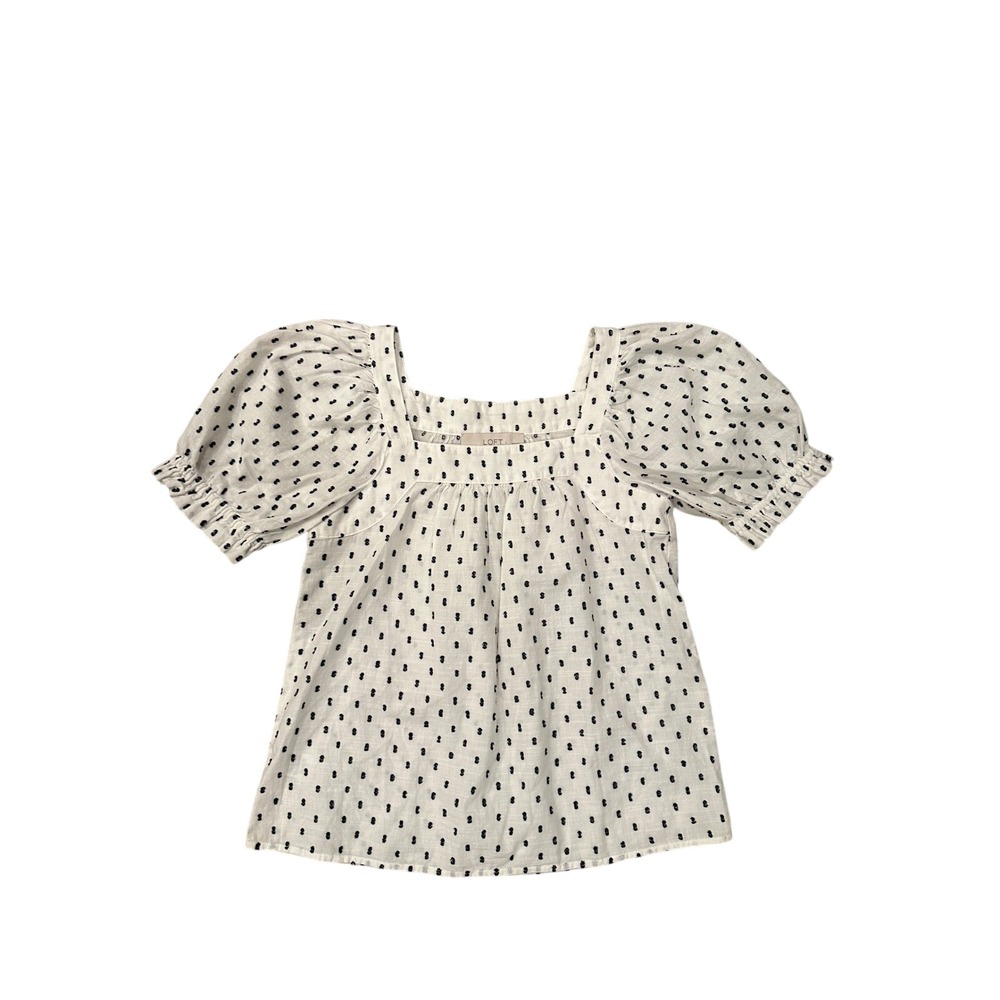 LOFT Petites XXSP White Navy Clip Dot Puff Sleeve Square Neck Blouse‎ Top